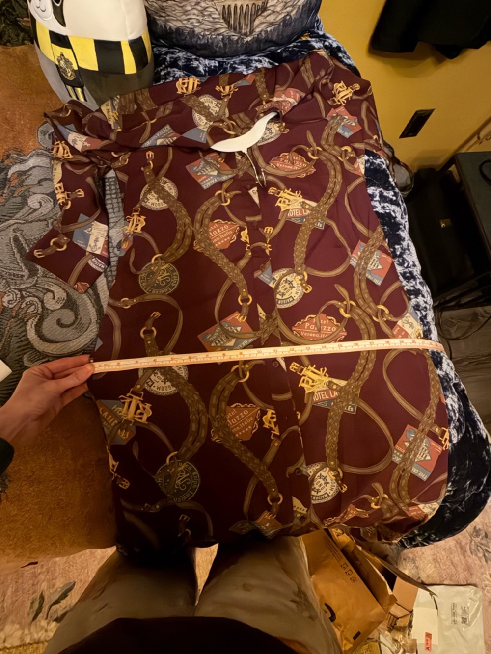Long-Sleeve Burgundy Printed Tie-Waist Shirt Dress - Picture 9 of 10